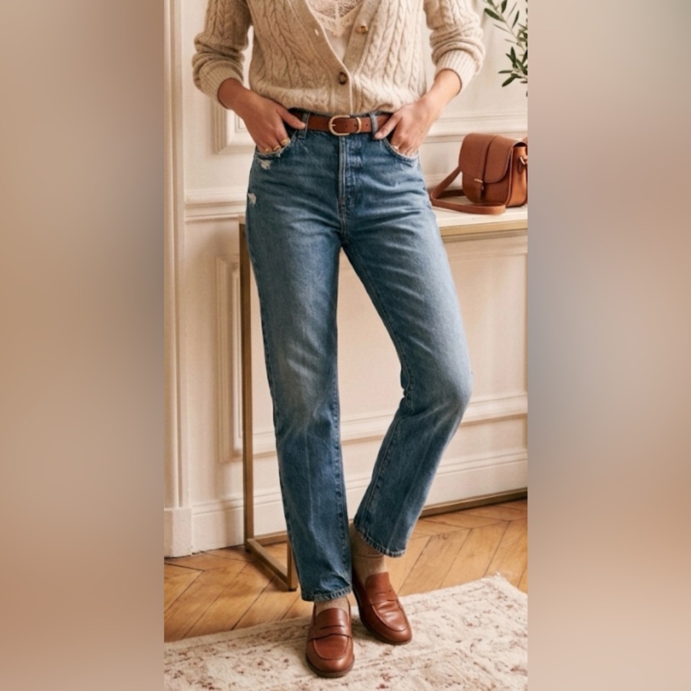 FRAME $258 Le Slouch Straight Leg Jeans In Blue Wash Size 25